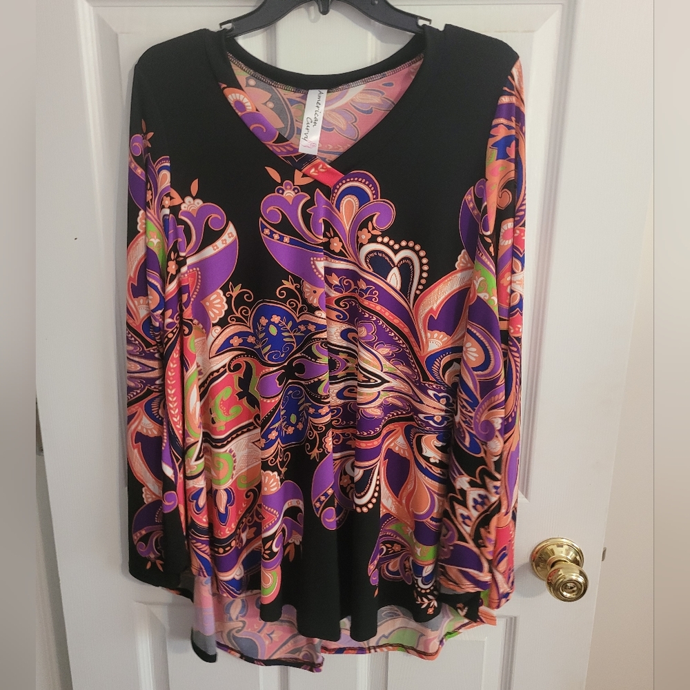 American Curvy Black and Purple Mixed Printed Long Sleeve Top